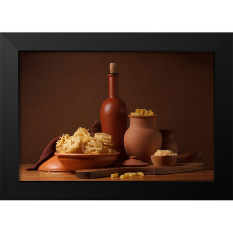 Still Life With Pasta And Ceramic Ware Black Modern Wood Framed Art Print by Magnola