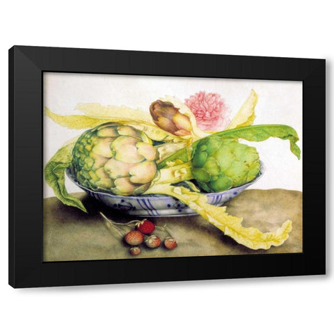 Artichoke, Rose andStrawberries Black Modern Wood Framed Art Print with Double Matting by Garzoni, Giovanna