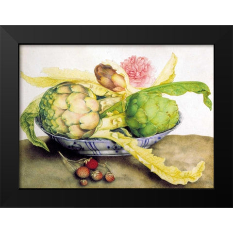 Artichoke, Rose andStrawberries Black Modern Wood Framed Art Print by Garzoni, Giovanna