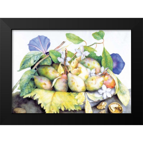Dish of Plums, Jasmine and Walnuts Black Modern Wood Framed Art Print by Garzoni, Giovanna