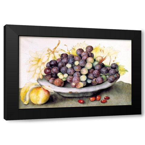 Dish of Grapes and a Peach Black Modern Wood Framed Art Print by Garzoni, Giovanna