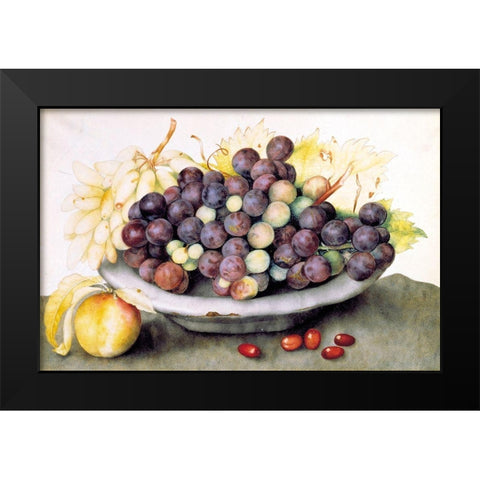 Dish of Grapes and a Peach Black Modern Wood Framed Art Print by Garzoni, Giovanna