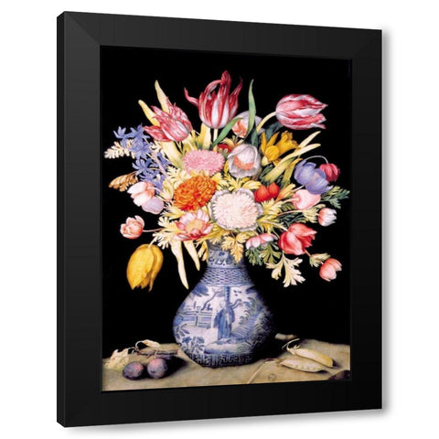 Chinese Vase, Varied Flowers, Prunes Black Modern Wood Framed Art Print with Double Matting by Garzoni, Giovanna