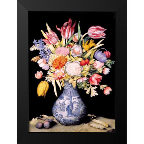 Chinese Vase, Varied Flowers, Prunes Black Modern Wood Framed Art Print by Garzoni, Giovanna