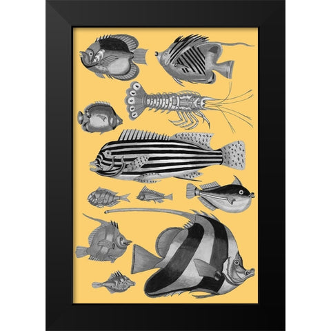 Tropical Fish Collage 1-Yellow Background Black Modern Wood Framed Art Print by Renard, Louis