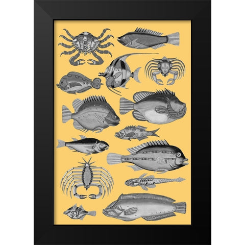 Tropical Fish Collage 3-Yellow Background Black Modern Wood Framed Art Print by Renard, Louis