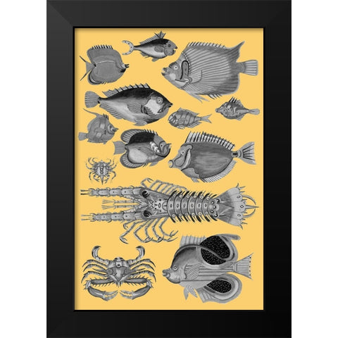 Tropical Fish Collage 4-Yellow Background Black Modern Wood Framed Art Print by Renard, Louis