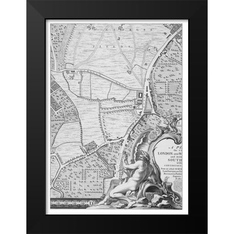 Roque Sectional map of London 1748 Black Modern Wood Framed Art Print by Roque, John