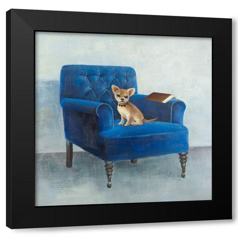 CHIHUAHUA ON A BLUE ARMCHAIR Black Modern Wood Framed Art Print with Double Matting by Atelier B Art Studio