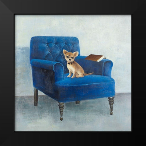 CHIHUAHUA ON A BLUE ARMCHAIR Black Modern Wood Framed Art Print by Atelier B Art Studio