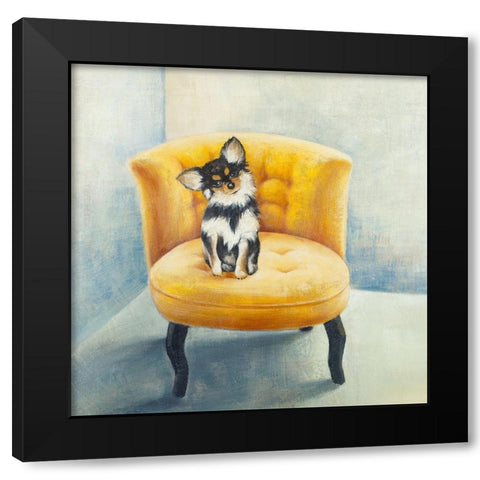 LITTLE DOG ON A YELLOW ARMCHAIR Black Modern Wood Framed Art Print with Double Matting by Atelier B Art Studio
