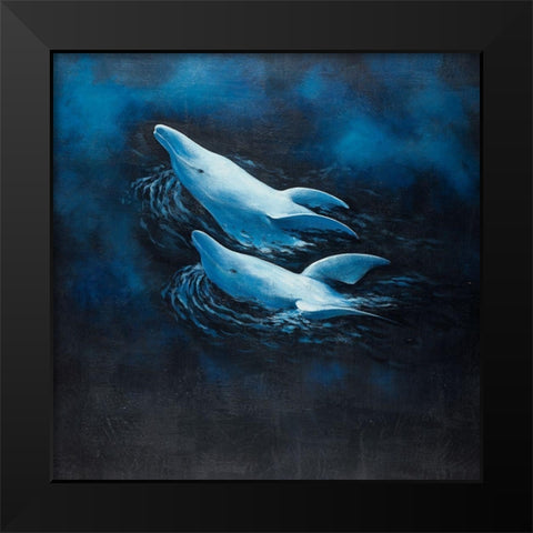 TWO SWIMMING DOLPHINS Black Modern Wood Framed Art Print by Atelier B Art Studio