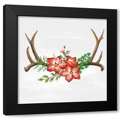 DEER HORNS AND PINK FLOWERS Black Modern Wood Framed Art Print with Double Matting by Atelier B Art Studio