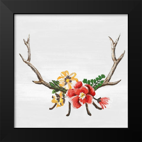 DEER HORNS WITH FLOWERS Black Modern Wood Framed Art Print by Atelier B Art Studio