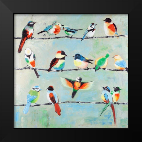 Small Abstract Colorful Birds Black Modern Wood Framed Art Print by Atelier B Art Studio