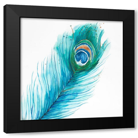 Long Peacock Feather Black Modern Wood Framed Art Print by Atelier B Art Studio