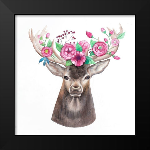 DEER HEAD WITH FLOWERS Black Modern Wood Framed Art Print by Atelier B Art Studio