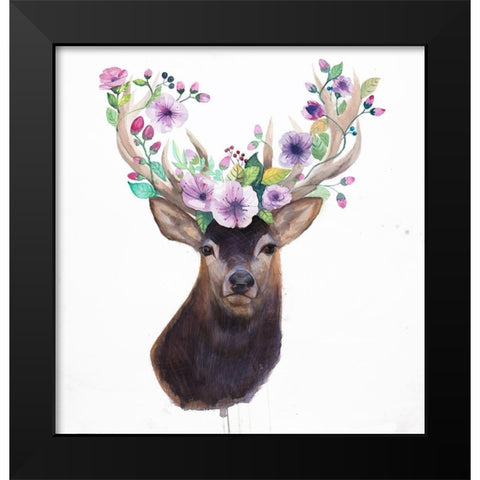 ROE DEER HEAD WITH FLOWERS Black Modern Wood Framed Art Print by Atelier B Art Studio