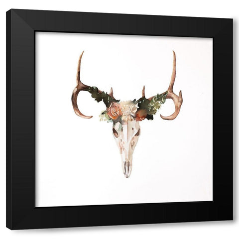 Deer Skull with Roses Black Modern Wood Framed Art Print with Double Matting by Atelier B Art Studio