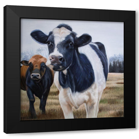 TWO COWS EATING GRASS Black Modern Wood Framed Art Print with Double Matting by Atelier B Art Studio