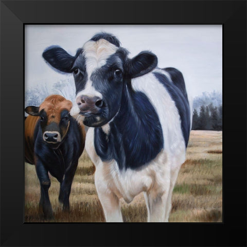 TWO COWS EATING GRASS Black Modern Wood Framed Art Print by Atelier B Art Studio