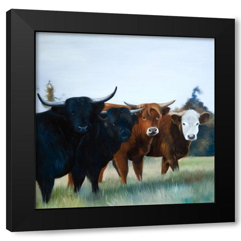 FOUR HIGHLAND COWS Black Modern Wood Framed Art Print with Double Matting by Atelier B Art Studio