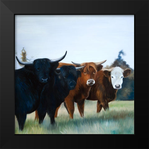 FOUR HIGHLAND COWS Black Modern Wood Framed Art Print by Atelier B Art Studio