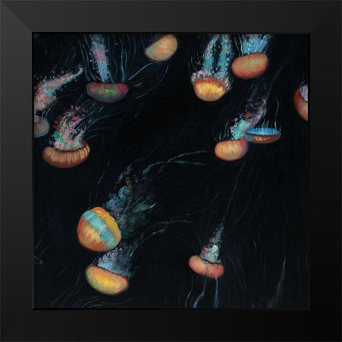 COLORFUL JELLYFISHES SWIMMING IN THE DARK Black Modern Wood Framed Art Print by Atelier B Art Studio
