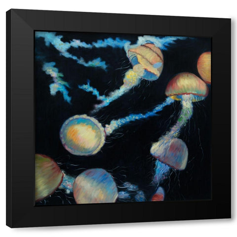 COLORFUL JELLYFISHES IN THE DARK Black Modern Wood Framed Art Print by Atelier B Art Studio