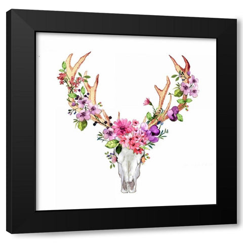 Deer Skull with Flowers  Black Modern Wood Framed Art Print by Atelier B Art Studio
