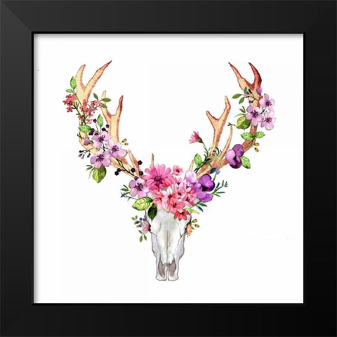 Deer Skull with Flowers  Black Modern Wood Framed Art Print by Atelier B Art Studio