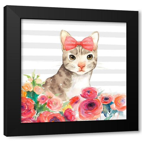 SMALL CAT WITH FLOWERS Black Modern Wood Framed Art Print with Double Matting by Atelier B Art Studio