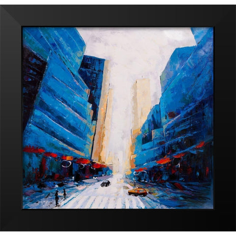 BLUE CITY STREET Black Modern Wood Framed Art Print by Atelier B Art Studio