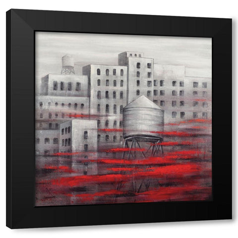 GRAY CITY WITH RED CLOUDS Black Modern Wood Framed Art Print with Double Matting by Atelier B Art Studio