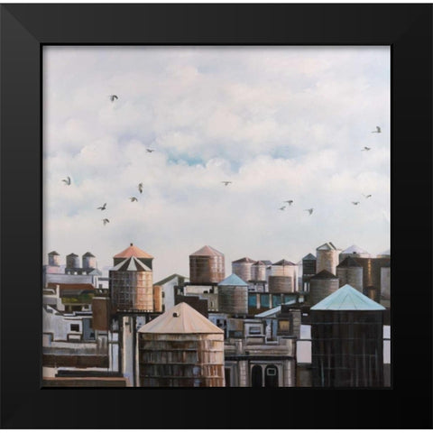 Water Towers with Birds Black Modern Wood Framed Art Print by Atelier B Art Studio