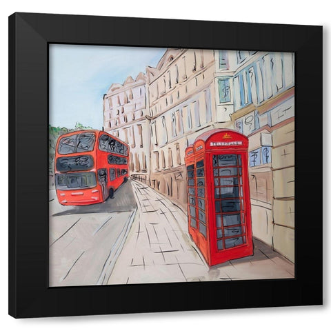 LONDON BUS AND TELEPHONE BOOTH  Black Modern Wood Framed Art Print by Atelier B Art Studio