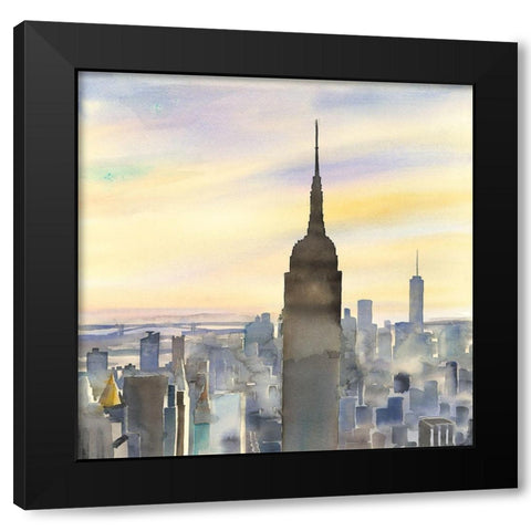 SUNSET OVER NEW YORK CITY Black Modern Wood Framed Art Print with Double Matting by Atelier B Art Studio