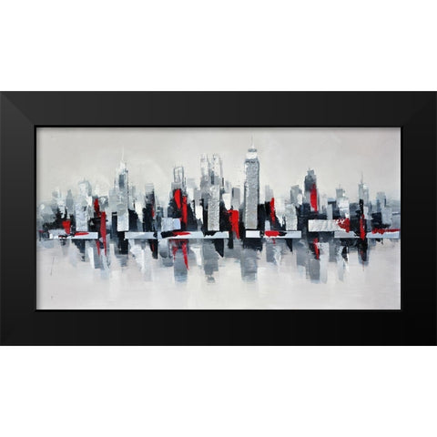 GRAY AND RED FLOATING CITYSCAPE Black Modern Wood Framed Art Print by Atelier B Art Studio