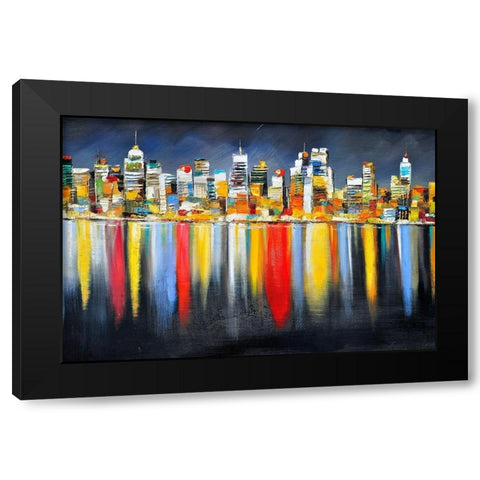 COLORFUL REFLECTION OF A CITYSCAPE BY NIGHT Black Modern Wood Framed Art Print with Double Matting by Atelier B Art Studio