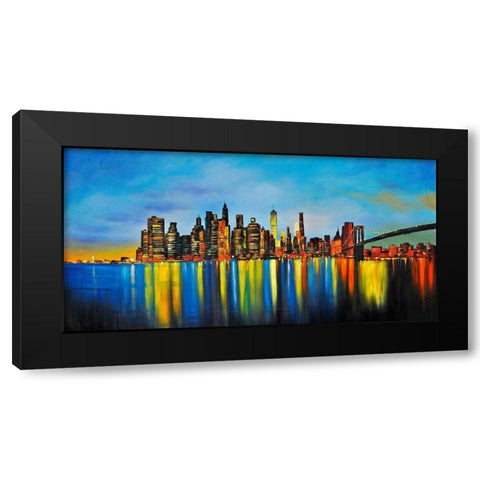 CITY BY NIGHT WITH A BRIDGE Black Modern Wood Framed Art Print with Double Matting by Atelier B Art Studio