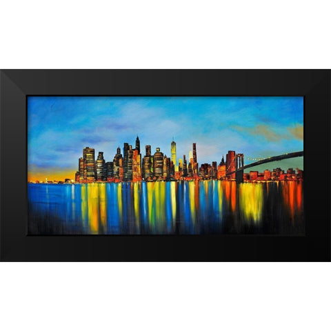 CITY BY NIGHT WITH A BRIDGE Black Modern Wood Framed Art Print by Atelier B Art Studio