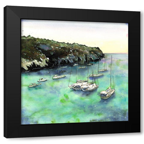 BOATS IN CALA MACARELLA Black Modern Wood Framed Art Print by Atelier B Art Studio