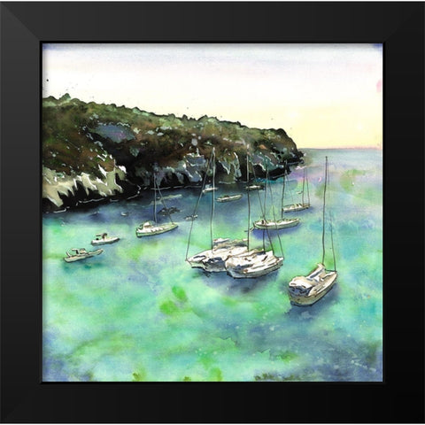 BOATS IN CALA MACARELLA Black Modern Wood Framed Art Print by Atelier B Art Studio