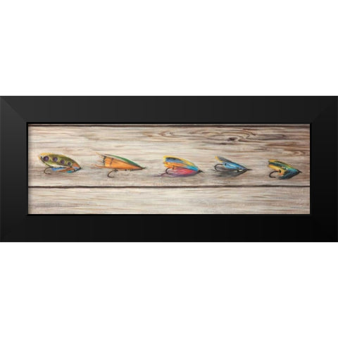 Fishing Flies with Wood Background Black Modern Wood Framed Art Print by Atelier B Art Studio