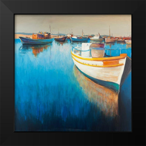Fishing Boat at the Marina Black Modern Wood Framed Art Print by Atelier B Art Studio