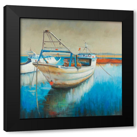 Fishing Boat Black Modern Wood Framed Art Print with Double Matting by Atelier B Art Studio