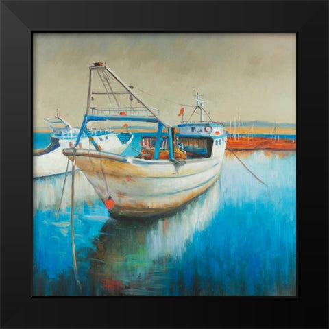 Fishing Boat Black Modern Wood Framed Art Print by Atelier B Art Studio