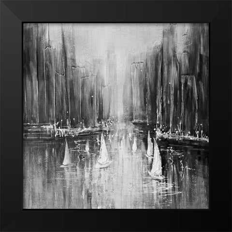 Grayscale boats on the water Black Modern Wood Framed Art Print by Atelier B Art Studio
