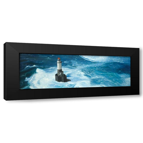 Surfing Waves on a Lighthouse Black Modern Wood Framed Art Print with Double Matting by Atelier B Art Studio