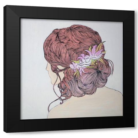 WOMAN FROM BEHIND WITH FLOWERS Black Modern Wood Framed Art Print with Double Matting by Atelier B Art Studio